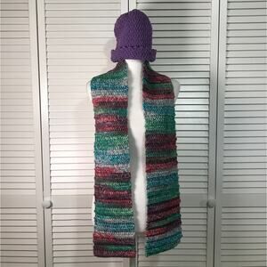 NWT Handmade Crocheted Purple Multicolor Textured Beanie Scarf 60”